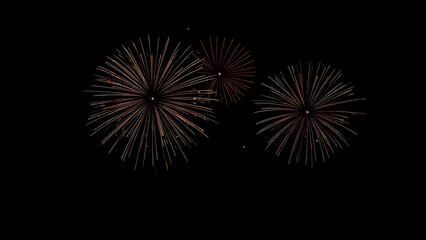 A vibrant and festive illustration of three overlapping fireworks in various shades of gold, orange, and red, exploding together against a solid black background.