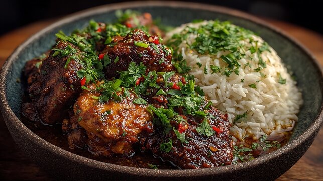 Moambe chicken with rice, garnished with herbs