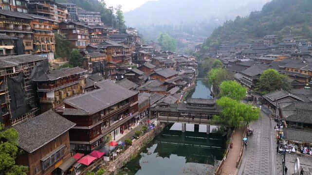 Aerial view of Xijiang Miao Village, also known as Xijiang Qianhu Miao Village, is the largest Miao ethnic village in the world, located in Guizhou, China.