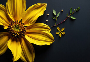 Yellow Sunflower with Accessory Flora and Seeds on Dark Background