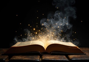 Open Antique Book with Golden Sparks and Smoke