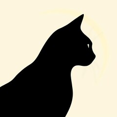 An elegant and minimalist graphic art piece featuring a close-up profile silhouette of a black cat against a subtle, pale yellow crescent moon halo on a cream background.