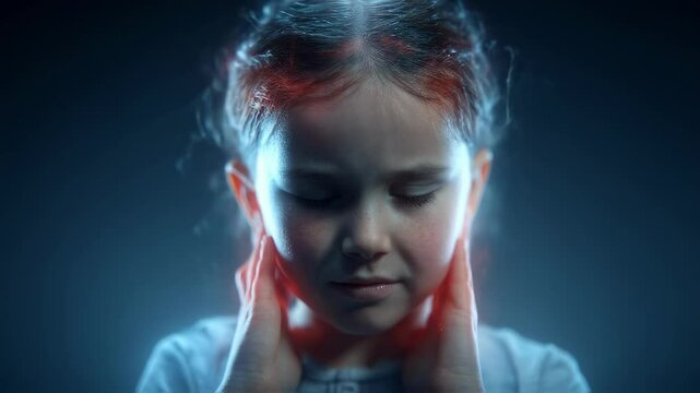 Medical visualization of a child suffering from noise sensitivity, experiencing discomfort and covering her ears with hands, highlighted by red glowing areas