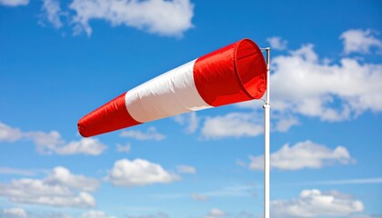 A vibrant windsock flying high against a blue sky with fluffy white clouds, signaling wind direction