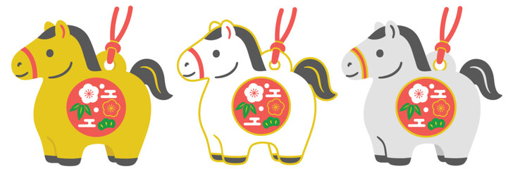 午の土鈴の縁起物アイコンイラスト 3カラーセット