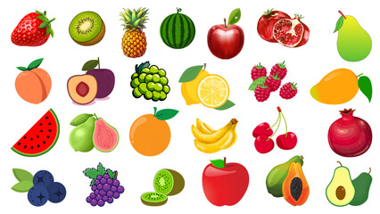Illustration of a variety of colorful fruits including berries citrus and tropical fruits arranged nicely