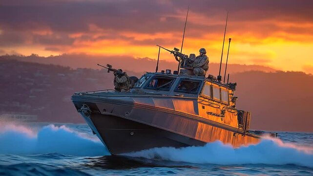 Military patrol boat on coastal waters with machine gunner at sunset