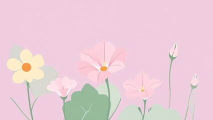 A lovely whimsical garden scene illustration with various delicate pink and yellow flowers and buds blooming against a soft pastel pink background, ideal for a banner or card.