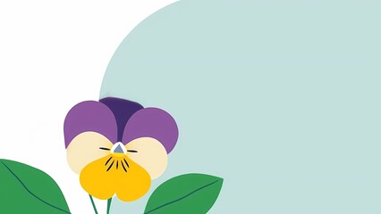 A delightful and colorful flat design illustration of a charming purple and yellow pansy flower with green leaves, positioned in the corner against a light blue background with a large curved copy spa