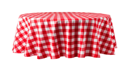 Red and white gingham tablecloth on round table