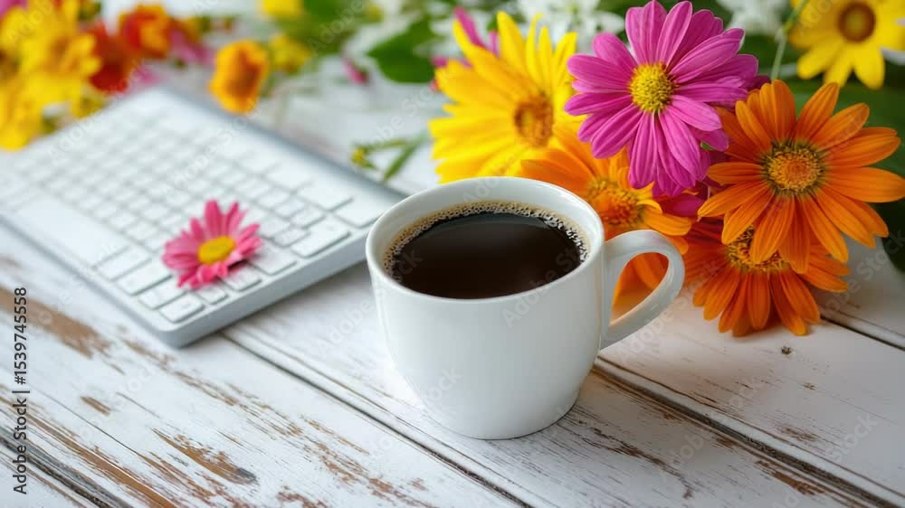 Poster a cup of coffee placed next to a keyboard with flowers, perfect for a creative workspace or office s