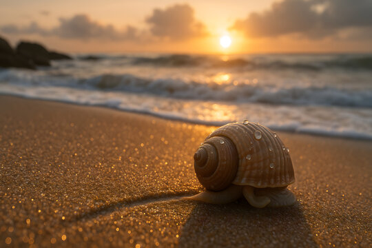 A seashell snail crawls on golden sand at sunset. Water drops glisten on its shell. Waves roll gently. Warm light, soft sky, and peace fill the scene—nature's quiet moment by the sea.