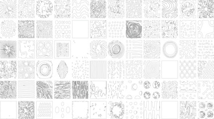 Collection of grayscale abstract line art patterns various geometric organic shapes textures swirls circles squares backgrounds design elements