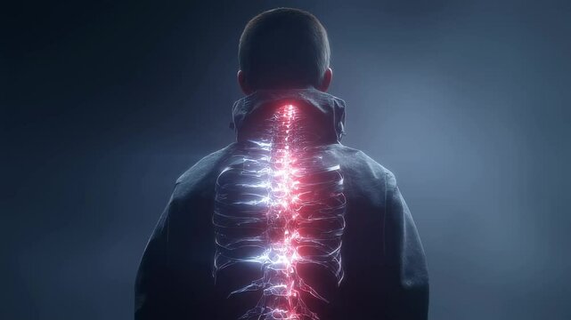 Medical visualization highlighting the spinal curve of a teenager wearing a back brace, showcasing the effects of scoliosis on posture and skeletal structure