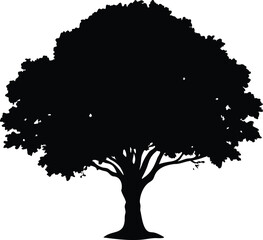 Black silhouette of a large tree with leaves on a white background