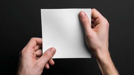 Naklejka premium Blank White Paper Mockup: Hands Holding a Clean Sheet Against a Dark Background