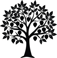 Obraz premium Black silhouette of a tree with leaves and fruit on white background