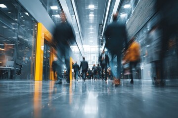 Bright business workplace with people in walking in blurred motion in modern office space. High quality