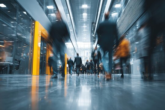 Bright business workplace with people in walking in blurred motion in modern office space. High quality