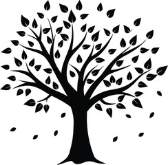 Monochrome Silhouette of a Tree with Leaves Falling, Isolated on White