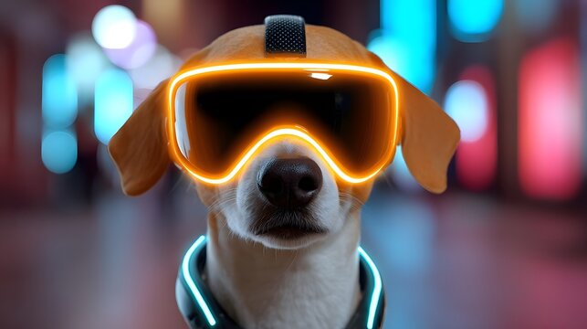 A playful dog wearing a high-tech futuristic helmet, surrounded by the neon lights and vibrant colors of a futuristic cityscape