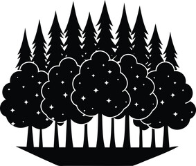 Stylized forest illustration of coniferous trees and trees with star shapes