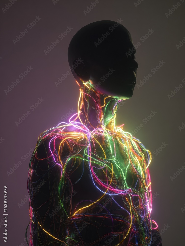 Poster Shadowy Figure Embracing Tangled Neon Nerves Showcasing a Blend of Light and Form in a Dimly Lit Environment