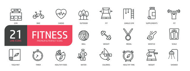Set of line icons related to gym, bike, cardio, supplements, calories. Outline icons collection. Editable stroke. Vector illustration.