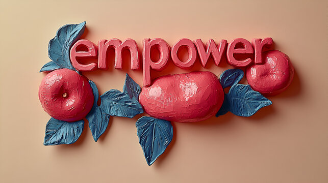 Pink lettering empower with pink fruit and blue leaves on a peach background symbolizing feminism strength growth support and modern artistic expression of empowerment - Powered by Adobe