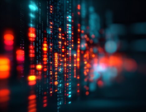 A cascade of digital code in an immersive futuristic cityscape simulating data streams and system analysis