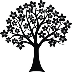 Black Silhouette of a Flowering Tree with Dense Blossoms on White Background