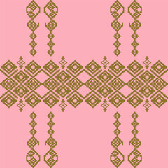 Fototapeta premium An elegant and traditional Songket Padang textile pattern geometric motifs in a warm golden-brown on a soft pink background. Classic Indonesian design symmetrical borders traditional weaving artistry