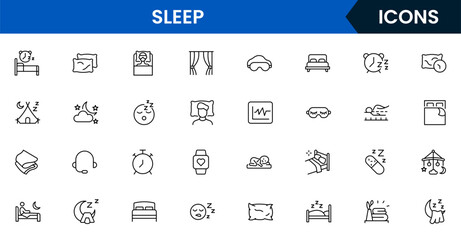 Soothing vector web line icons depicting sleep, beds, pillows, rest, relaxation, and wellness for healthy sleep routines and comfort.
