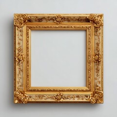 Ornate gold picture frame with rose detail isolated on white background