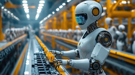 Fototapeta premium A robotic maintenance worker using AI to self-diagnose issues on an assembly line 
