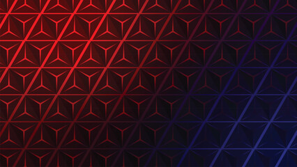 Abstract red and blue background with geometric red squares and floral pattern design
