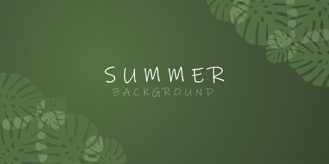 A vibrant and fresh summer background featuring subtle, transparent monstera leaves in the corners on a gradient green backdrop. Perfect for seasonal designs, tropical themes, vacation promotions, and