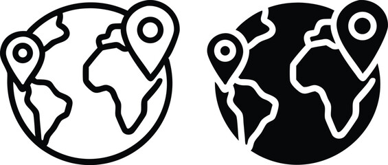 Minimalist Line Art Globe with Map Pins Icon – Monochrome World Vector Illustration