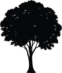 A lush black silhouette of a tree against a stark white background