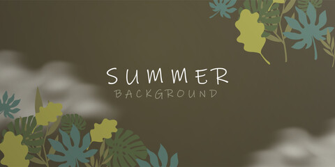 Earthy Summer Background with Stylized Tropical Foliage and Subtle Clouds
