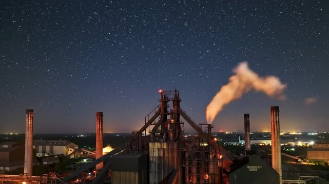 Observing Industrial Site with Smoke at Night Sky Timelapse