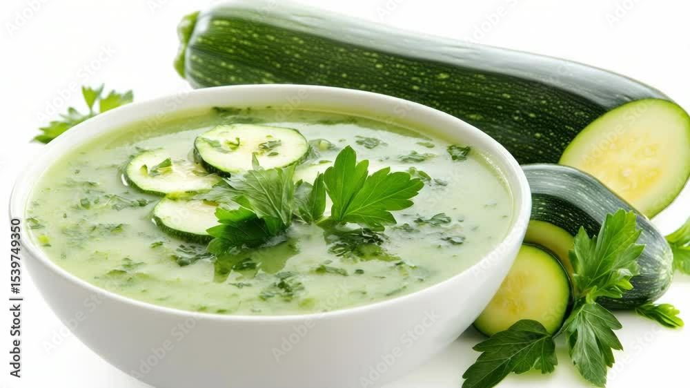 Aufkleber fresh cucumbers and parsley in a warm bowl of soup