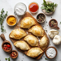 Golden Brown Empanadas with Spices and Ingredients on White Background