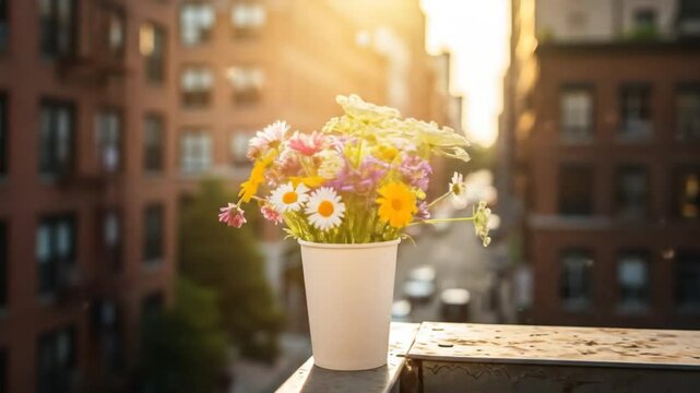 Flowers in Cup on Balcony Overlooking City with Seeds Floating