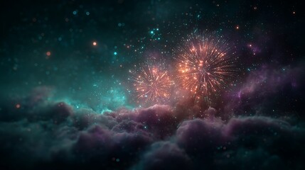 Fireworks above smoky clouds