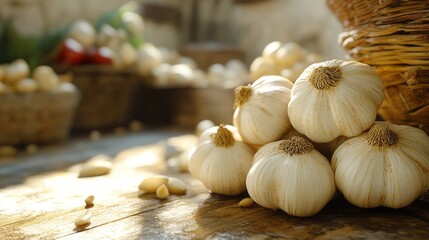 garlic bulbs on a rustic wooden surface, with their papery skins and brown roots clearly visible