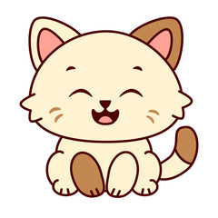 Cute cartoon cat with a cream colored body and brown markings. The cat has a playful expression on his face and sits upright with his eyes covered. Kawaii pet. Vector illustration
