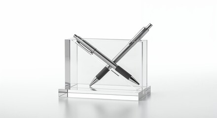 Acrylic pen stand isolated on white background, modern transparent holder, photorealistic side view