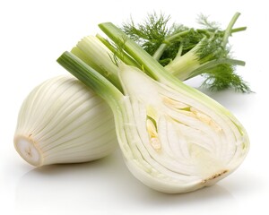 Fresh fennel bulb half cut showing texture white background