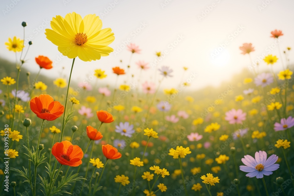 Poster colorful wildflowers blooming in a sunlit meadow with soft light and blurred background in warm morn